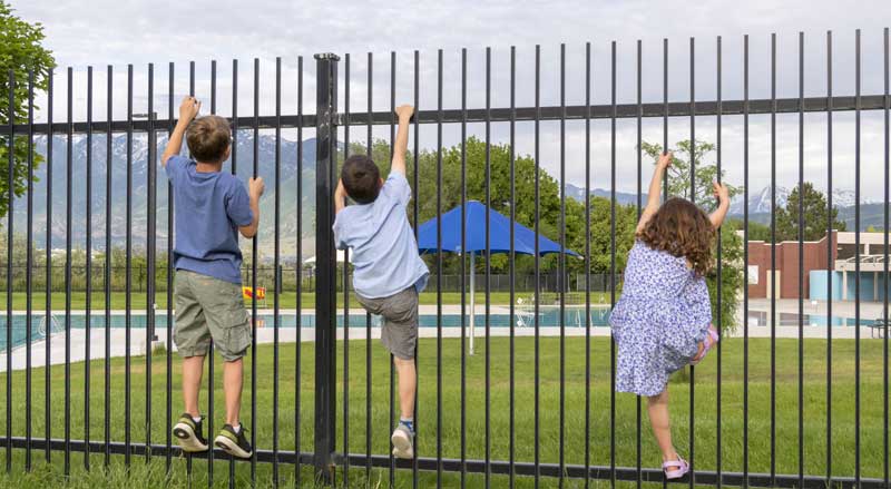 Three determined kids try to scale a pool's barrier fence but can't quite make it over